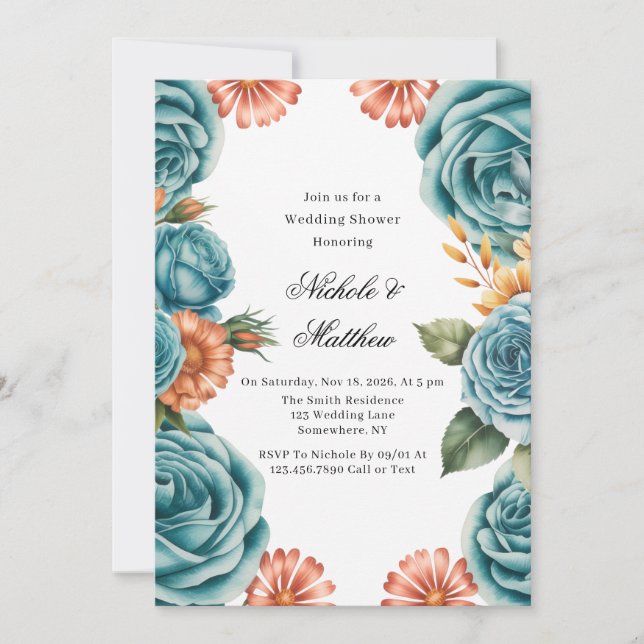 Invitation Teal Roses and Orange Floral Wedding Shower (Devant)