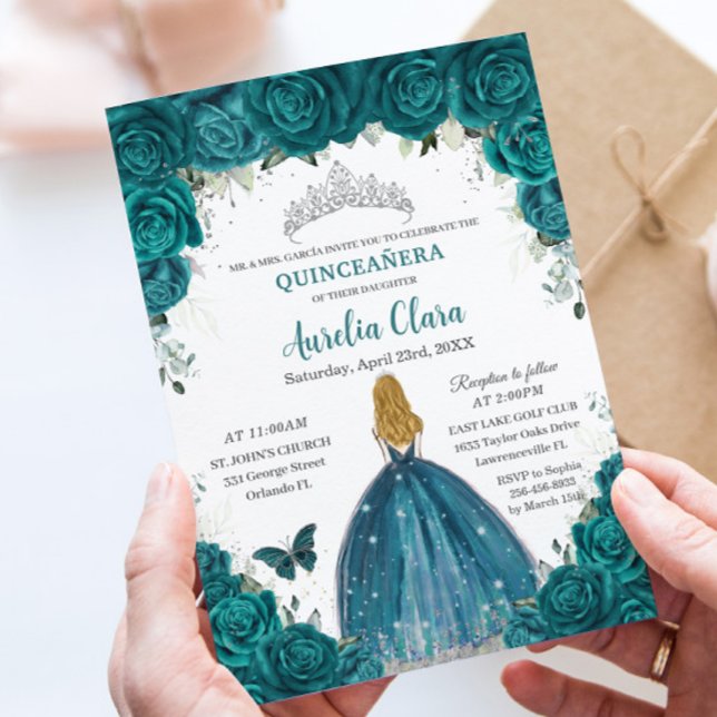 Invitation Teal Roses Floral Blonde Princess Quinceanera 16th (Créateur téléchargé)