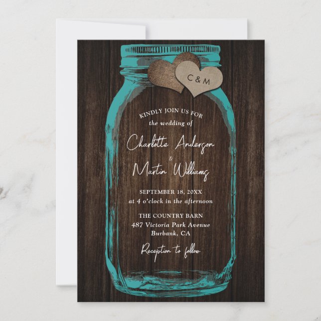 Invitation Teal Rustic Wood Burlap Hearts Mason Jar Wedding (Devant)