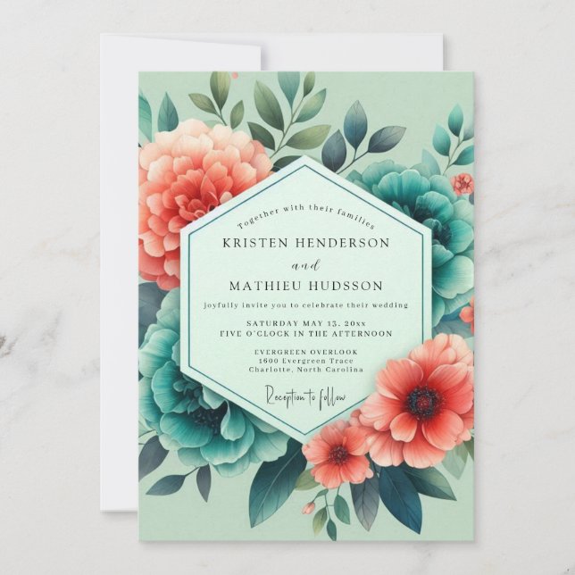 Invitation Teal Salmon Aquarelle Wedding (Devant)