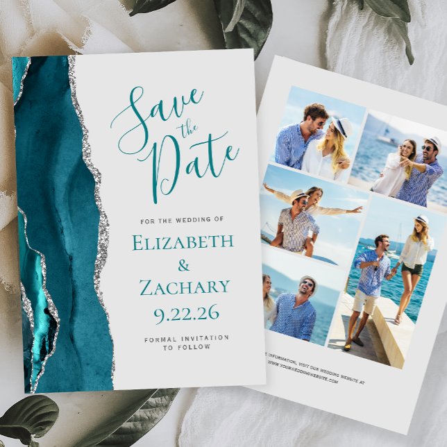 Invitation Teal Silver Agate 5-Photo Gray Enregistrez la Date (Créateur téléchargé)