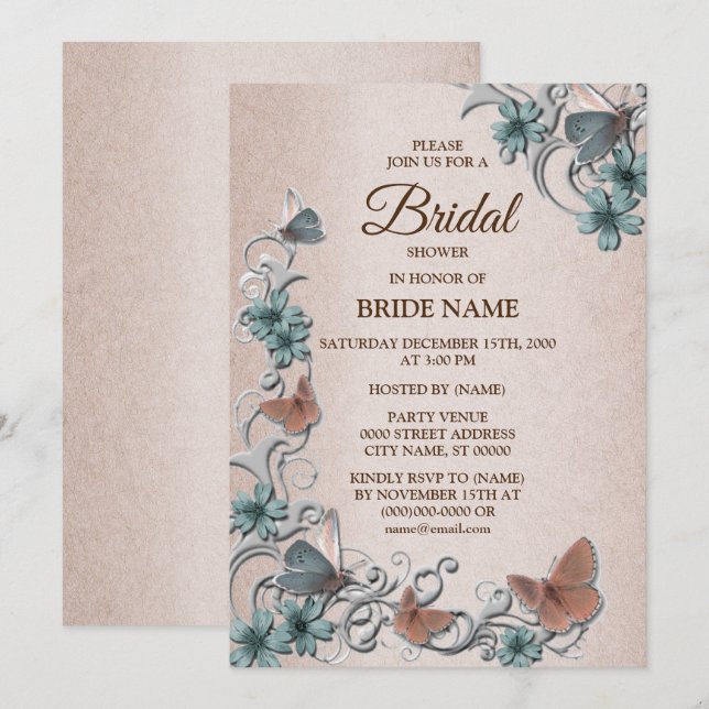 Invitation Teal Silver Floral Butterfly Tan Bridal Shower (Devant / Derrière)