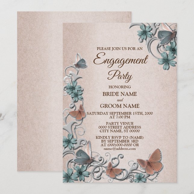Invitation Teal Silver Floral Butterfly Tan Engagement party (Devant / Derrière)