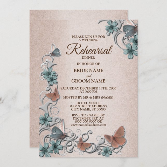 Invitation Teal Silver Floral Butterfly Tan Rehearsal Dinner (Devant / Derrière)