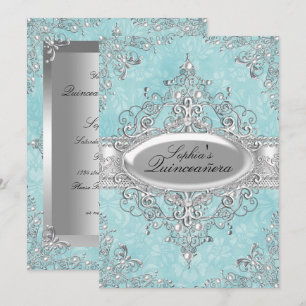 Invitation Teal & Silver Pearl Quinceanera Vintage Glamour