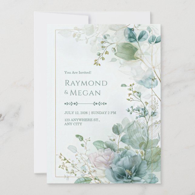 Invitation Teal Skeletal Leaf Botanical Gold Frame Wedding (Devant)