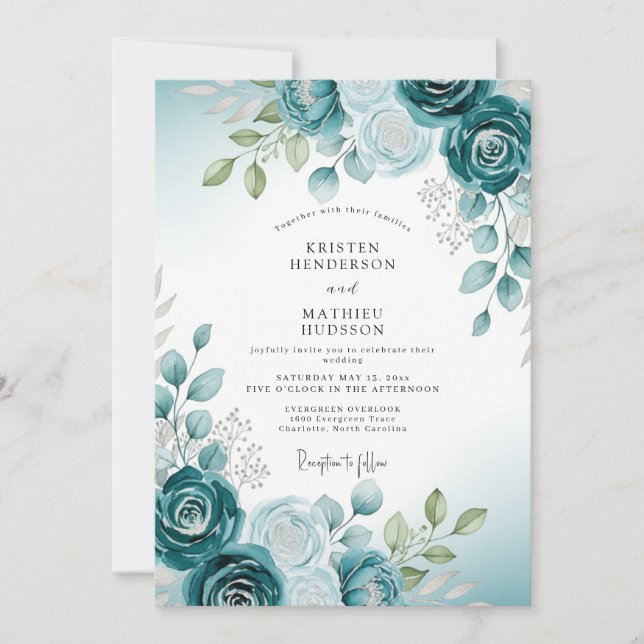 Invitation Teal Soft Watercolor Botanical Wedding (Devant)