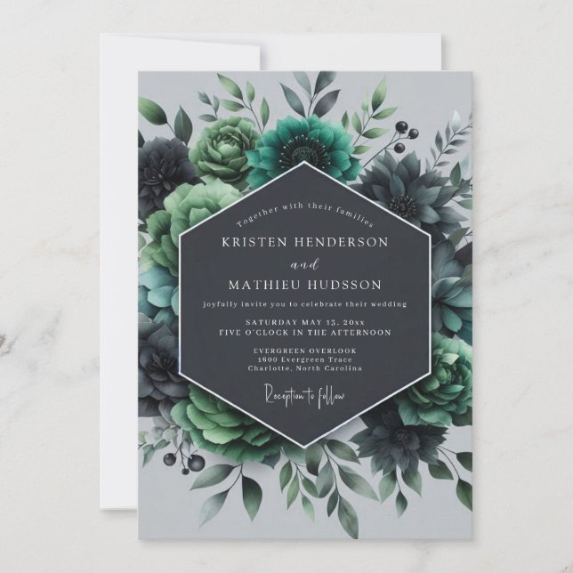 Invitation Teal Verdant Flora Wedding (Devant)