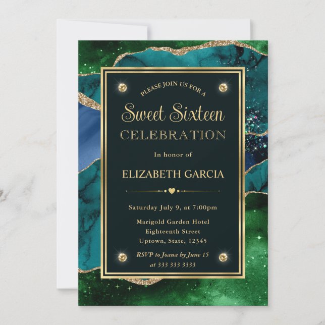 Invitation Teal, vert et or pailleté Agate Sweet Sixteen (Devant)