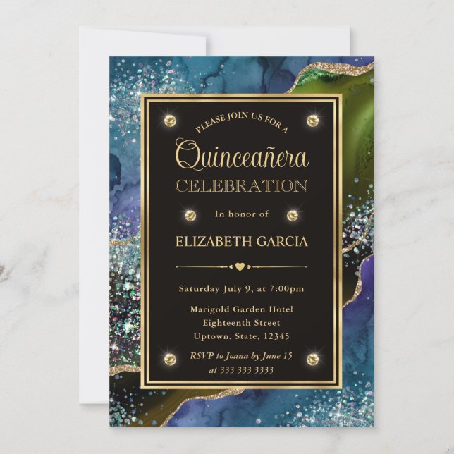 Invitation Teal, vert et or paillettes Agate Quinceanera (Devant)