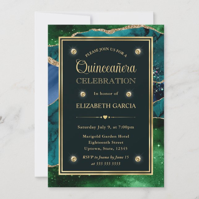 Invitation Teal, vert et or paillettes Agate Quinceanera (Devant)