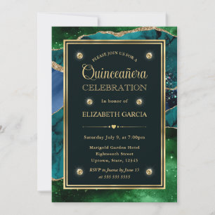 Invitation Teal, vert et or paillettes Agate Quinceanera