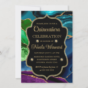 Invitation Teal, Violet et Paillettes d'Or Agate Quinceanera