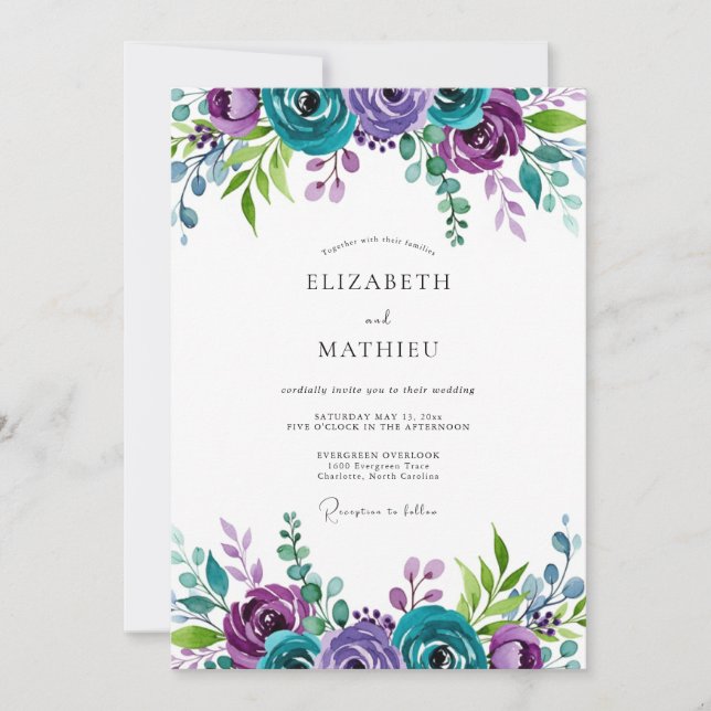 Invitation Teal Violet Majestic Botanical Wedding (Devant)