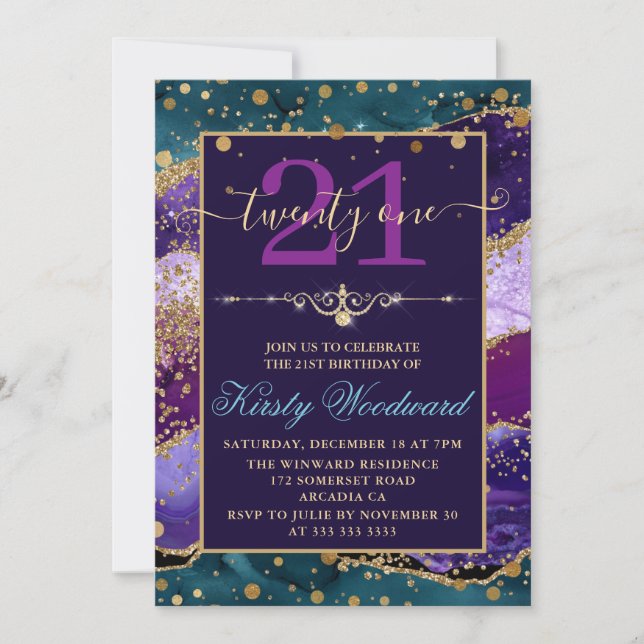Invitation Teal & Violet & Paillettes de Faux Or Agate Annive (Devant)