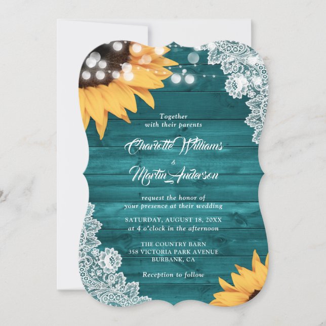 Invitation Teal Wood Lace String Lights Sunflower Wedding (Devant)
