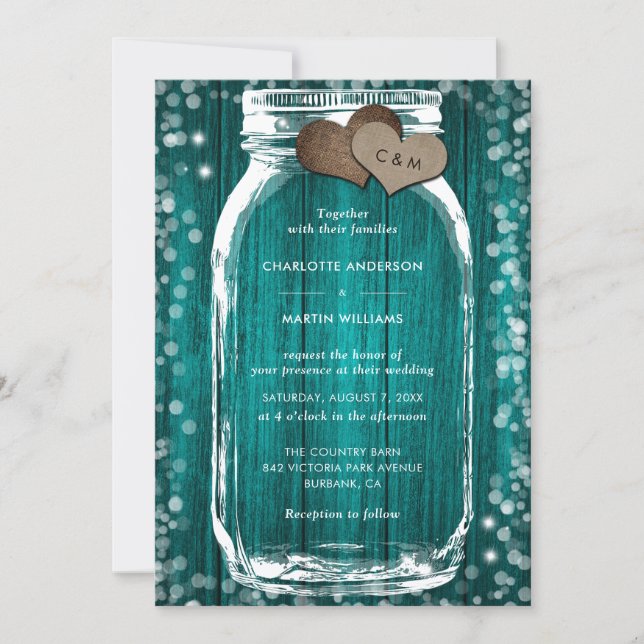 Invitation Teal Wood Mason Jar Rustic Fall Wedding (Devant)