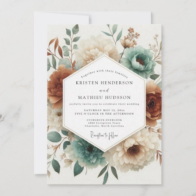 Invitation Teal Woodland Bloom Wedding (Devant)