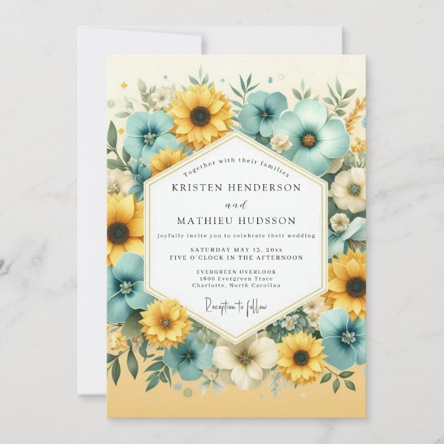 Invitation Teal Yellow Floral Bloom Wedding (Devant)