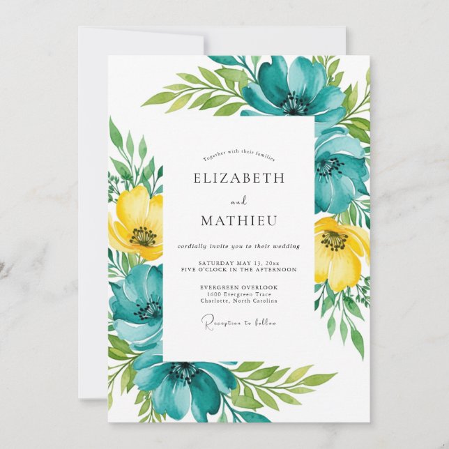 Invitation Teal Yellow Floral Spring Wedding (Devant)