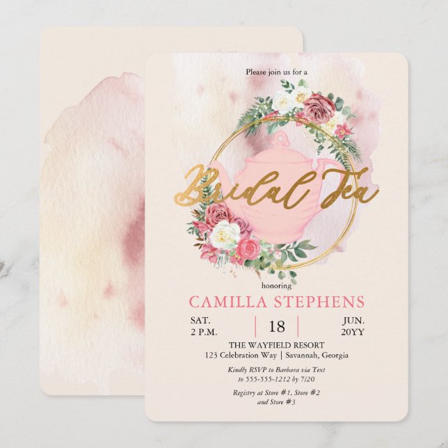 Invitation Teapot Boho | Rose Rose Wreath Bridal Tea Douche (Devant / Derrière)