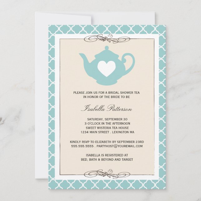 Invitation Teapot Fête de l'mariée Chic Tan & Turquoise (Devant)