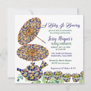 Invitation Teapot Floral bleu Baby shower de Tea Party après-