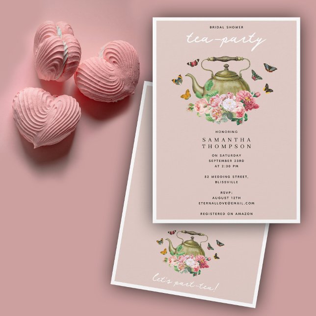 Invitation Teapot Party Rose Floral Papillons Fête des mariée (Teapot Party Pink Floral Butterflies Bridal Shower Invitation)