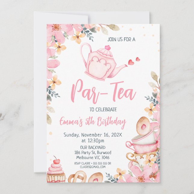 Invitation Teapot rose Fleur Tea Party (Devant)
