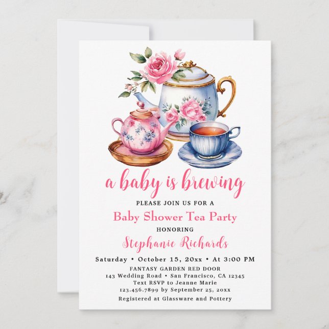 Invitation Teapot Rose Rose Flower Tea Party Baby shower (Devant)