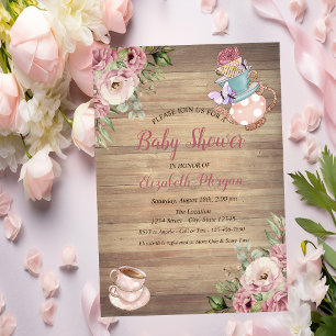 Invitation Teapot Tasse de thé Baby shower en bois floral