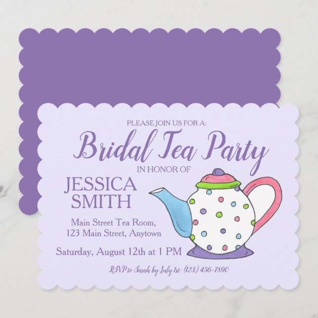 Invitation Teapot Wedding shower mariée Tea Party violet (Devant / Derrière)
