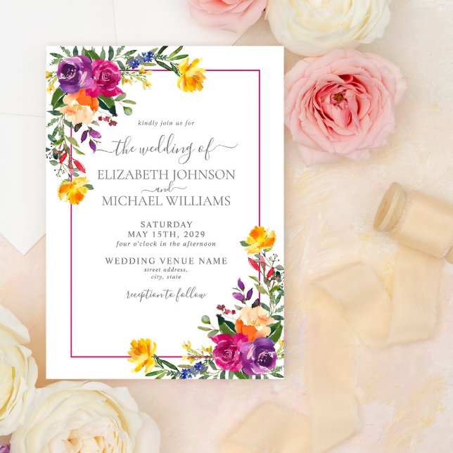 Invitation Technicolor tendance Boho Floral Photo Mariage (Créateur téléchargé)