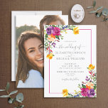 Invitation Technicolor tendance Boho Floral Photo Mariage<br><div class="desc">Joli et tendance, ce faire-part de mariage floral boho technicolor présente des flores d'aquarelle peintes à la main dans les tons violet, orange, fuchsia et jaune, avec typographie manuscrite rustique. Le verso de l'invitation présente votre photo fiançailles préférée. Contacter le concepteur pour les produits correspondants. Copyright Invitations élégants, tous droits...</div>