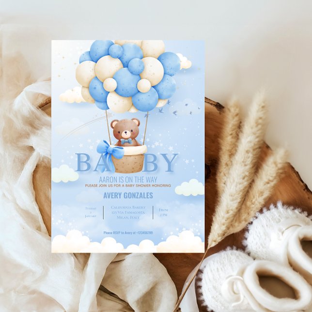 Invitation Teddby Bear Balloon Blue Sky Baby Boy Douche (Créateur téléchargé)