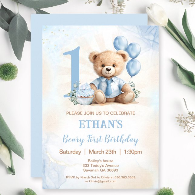 Invitation Teddy Bear 1er Anniversaire Ballons Bleus Invitati (Teddy Bear 1st Birthday Blue Balloons Invitation)