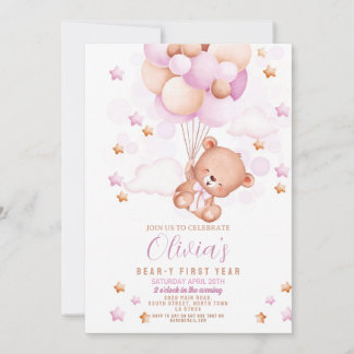 Invitation Teddy Bear 1er Anniversaire Ours First Girls Rose