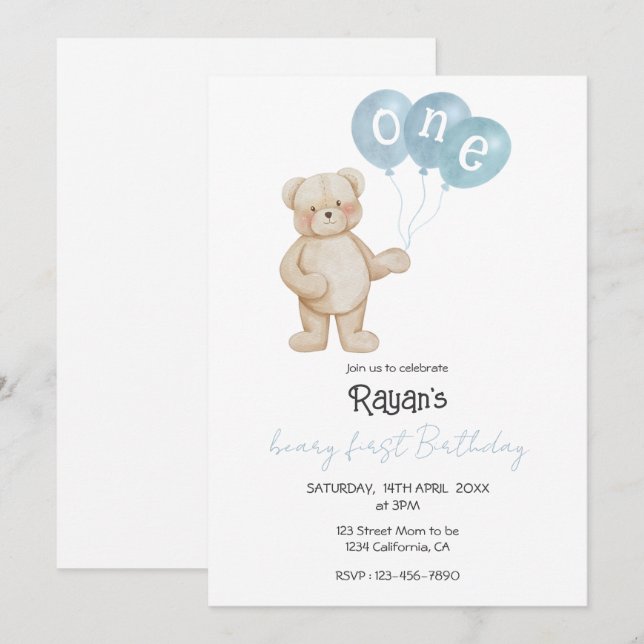 Invitation Teddy Bear 1st Birthday Party for Baby Boy  (Devant / Derrière)