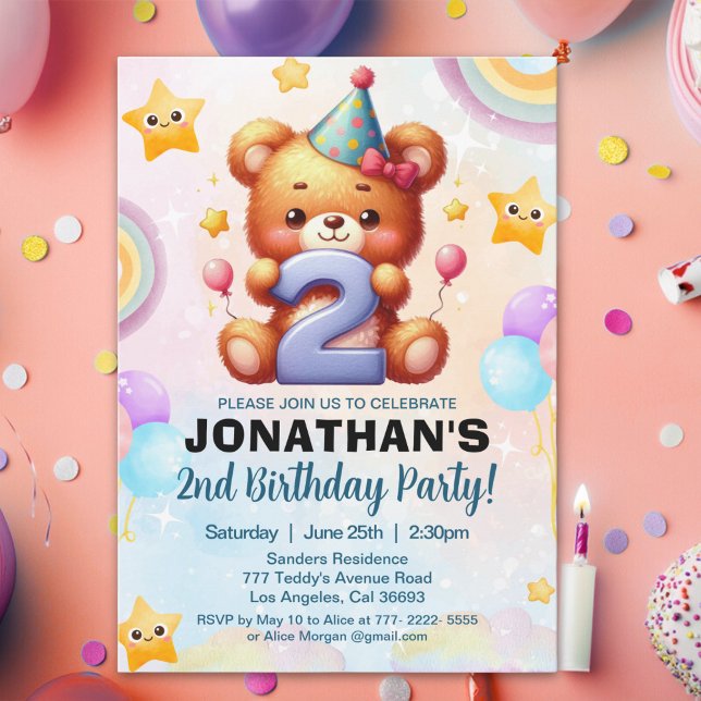 Invitation “Teddy Bear 2nd Birthday | Cute Watercolor Balloon (Créateur téléchargé)