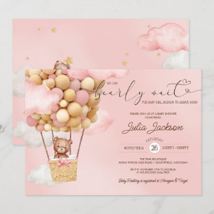 Invitation Teddy Bear Air Balloon Rose Cloud Girl Baby shower