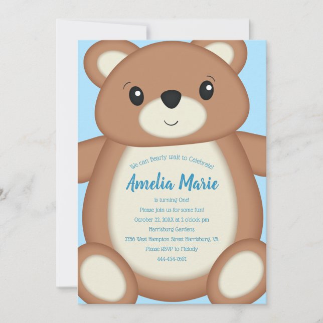 Invitation Teddy Bear Anniversaire Party Blue (Devant)