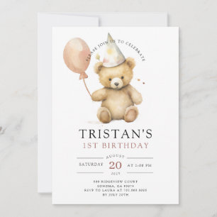 Invitation Teddy Bear Aquarelle Boy 1er anniversaire