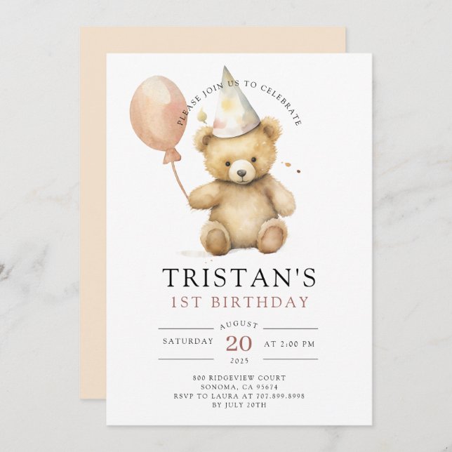 Invitation Teddy Bear Aquarelle Boy 1er anniversaire (Devant / Derrière)