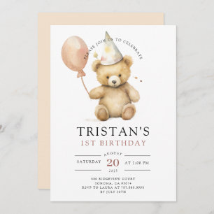 Invitation Teddy Bear Aquarelle Boy 1er anniversaire