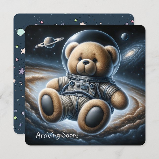 Invitation Teddy Bear Astronaut Baby Boy Shoy (Devant / Derrière)