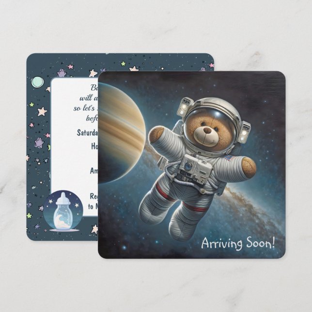 Invitation Teddy Bear Astronaut Baby Boy Shoy (Devant / Derrière)