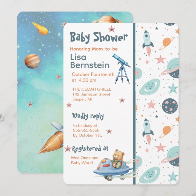 Invitation Teddy Bear Astronaut In Space Baby Shower (Devant / Derrière)