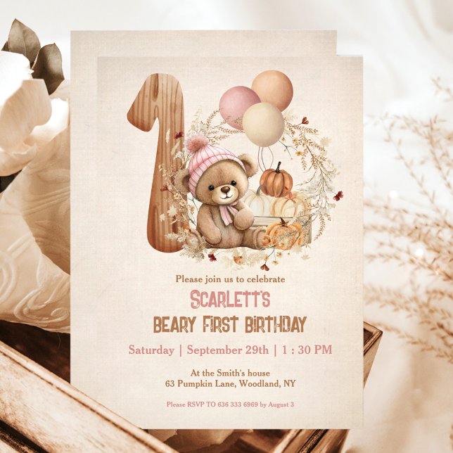 Invitation Teddy Bear Automne Citrouille Girl Beary 1er anniv (Teddy Bear Fall Pumpkins Girl Beary 1st Birthday Invitation)