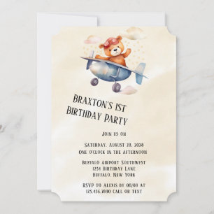 Invitation Teddy Bear avec son avion 1ère fête d'anniversaire