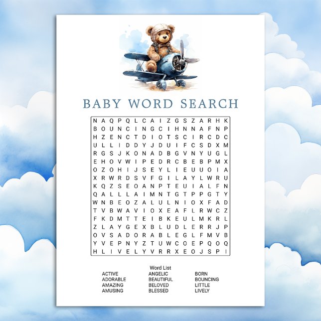 Invitation Teddy Bear Avion Baby shower Word Search Jeu (Créateur téléchargé)